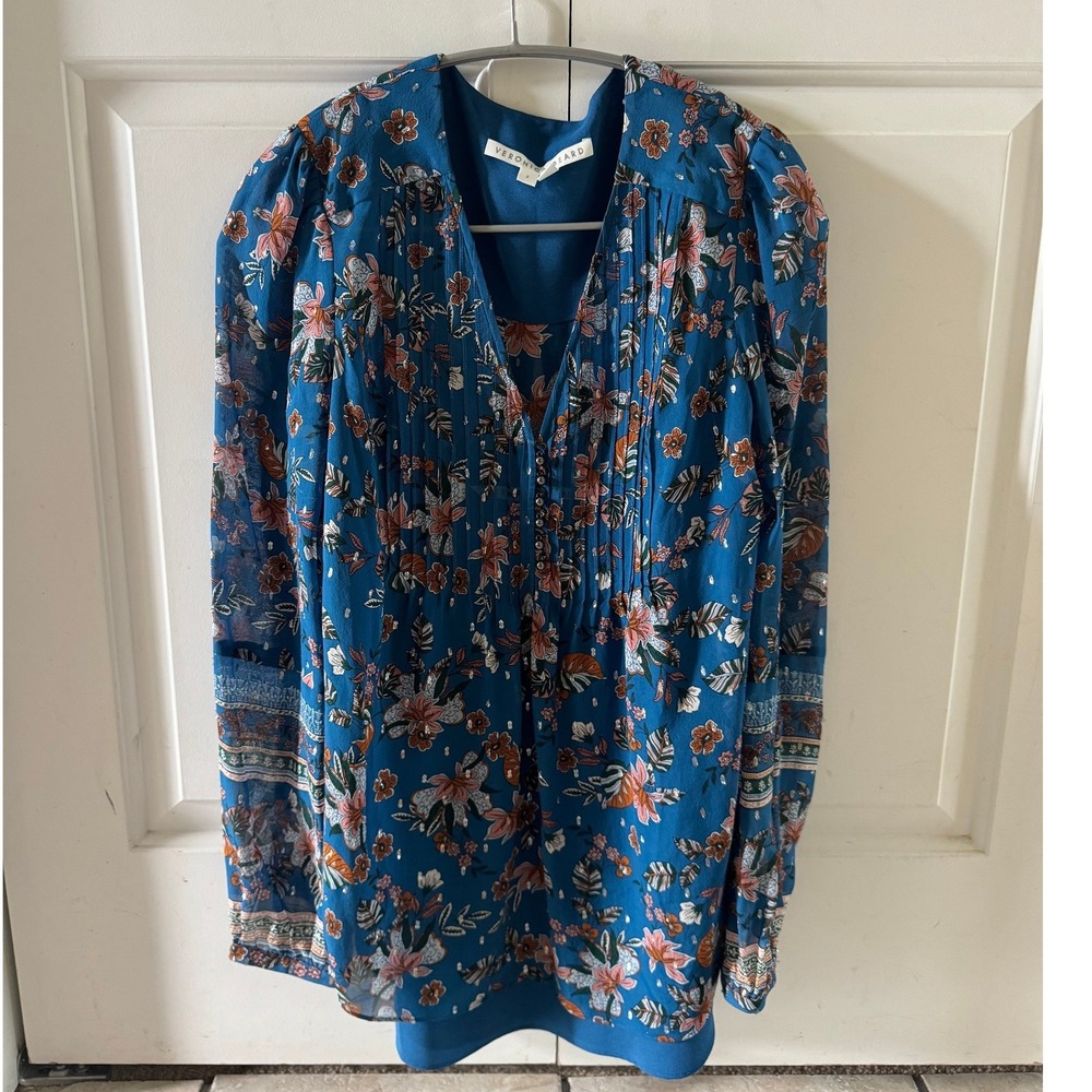 Veronica Beard Lowell Floral Silk Metallic Blouse Top 2‎ Blue Long Sleeve NWOT